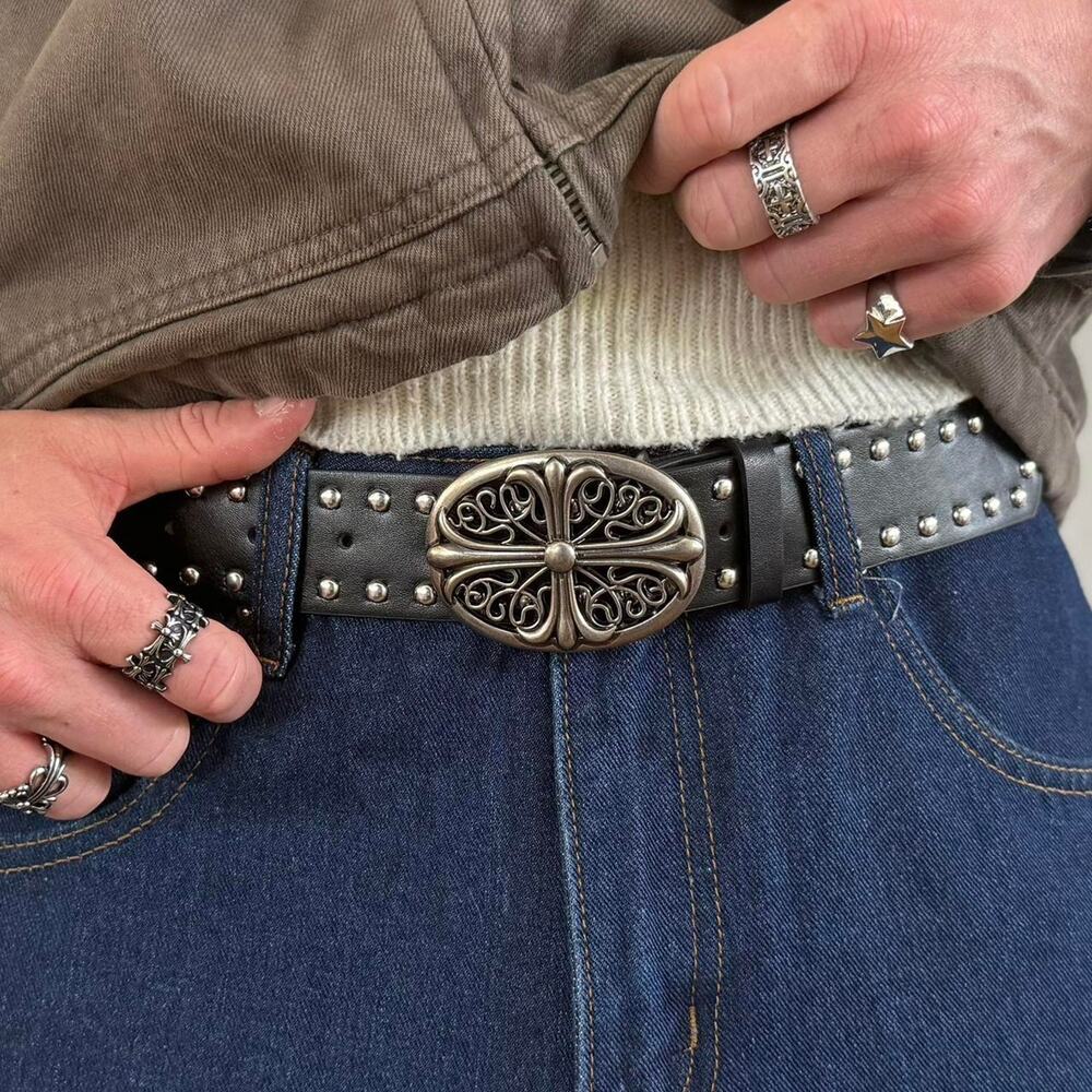 Vintage Chrome Cross Studded Black Belt – Silver Grunge Unisex Style, New - Picture 5 of 8